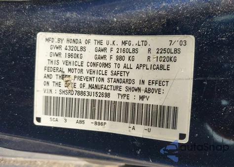 2003 Honda Cr-V Ex z USA, uszkodzony, nr VIN SHSRD78863U152698